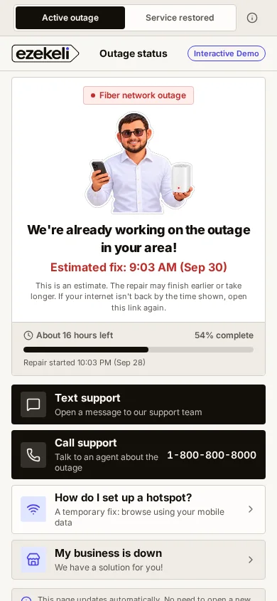 Outage Status mobile demonstration showing an active fiber outage and support options