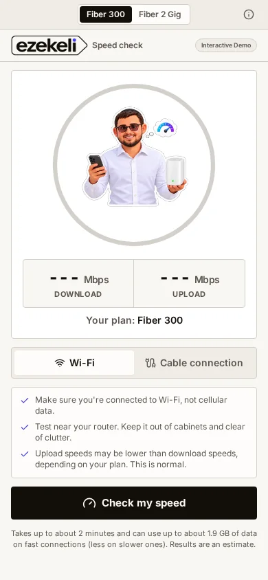 Speed Check mobile demonstration initial screen with plan and connection controls