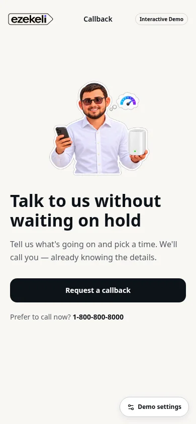 Callback mobile demonstration welcome screen with a request callback option